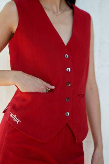 Buy_Raasa_Red Handloom Cotton V-neck Scarlet Letter Waistcoat And Trouser Set _Online_at_Aza_Fashions