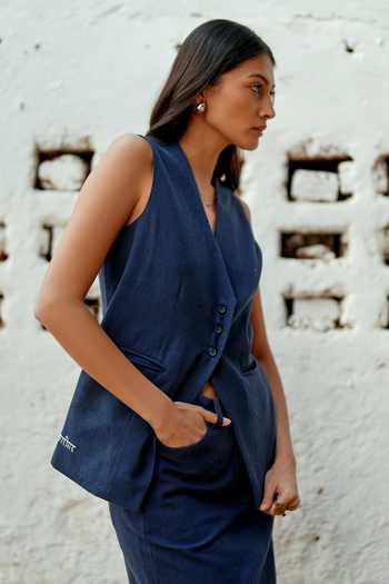 Raasa_Blue Handloom Cotton V-neck Day Waistcoat And Slit Skirt Set _Online_at_Aza_Fashions