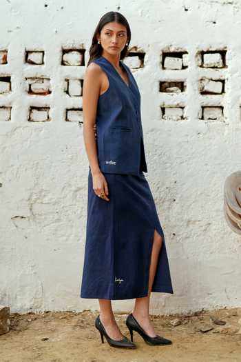 Buy_Raasa_Blue Handloom Cotton V-neck Day Waistcoat And Slit Skirt Set _Online_at_Aza_Fashions