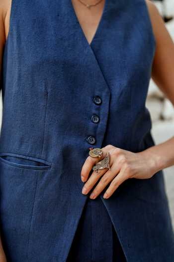 Shop_Raasa_Blue Handloom Cotton V-neck Day Waistcoat And Slit Skirt Set _Online_at_Aza_Fashions