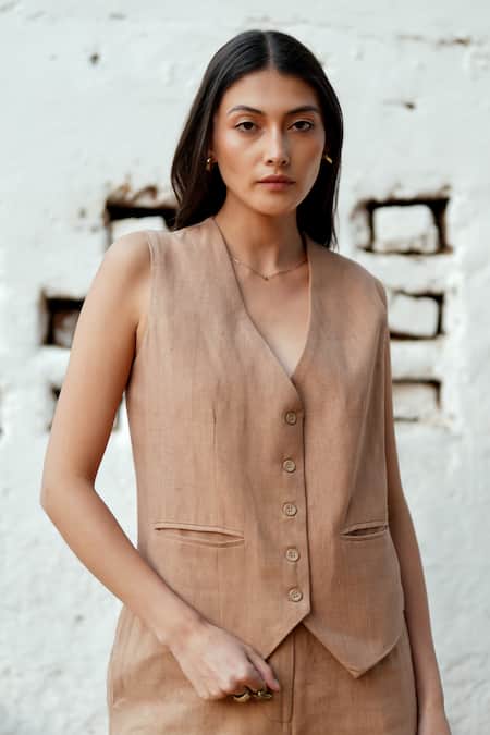Raasa_Brown Handloom Cotton Sand Dune Waistcoat _Online_at_Aza_Fashions