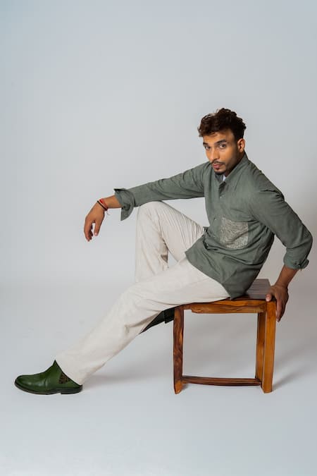 Raasa Green Handloom Cotton Patchwork Spider Web Shirt Online at Aza Fashions Raasa_Green Handloom Cotton Patchwork Spider Web Shirt _Online_at_Aza_Fashions