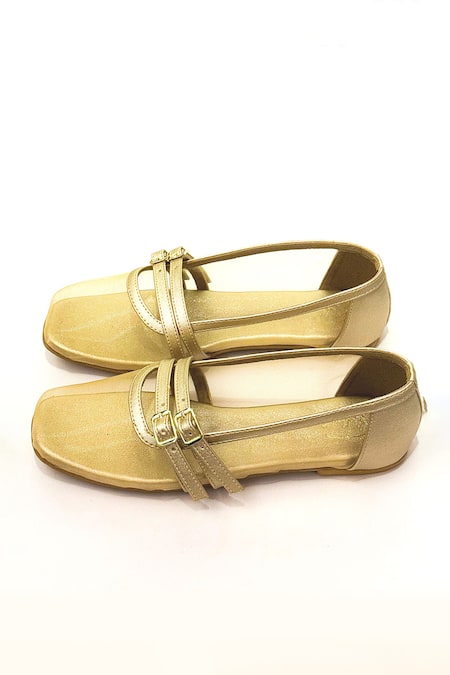 Soleart_Gold Anna Double Strap Flat Ballerinas _Online_at_Aza_Fashions