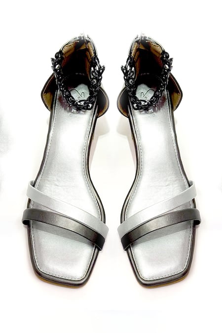 Soleart Veronica Silver Chain Strap Block Heels 