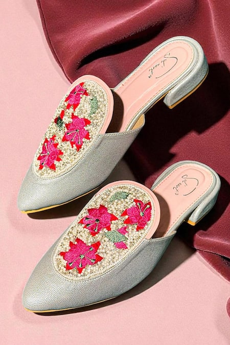 Soleart Shimmery Bloom Embroidered Flat Mules 