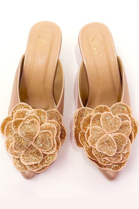 Soleart Rosette Gold Embroidered Block Heels 