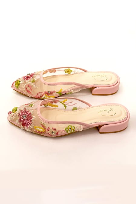 Soleart Pink Chantilly Floral Embroidered Flat Mules Online at Aza Fashions Soleart_Pink Chantilly Floral Embroidered Flat Mules _Online_at_Aza_Fashions