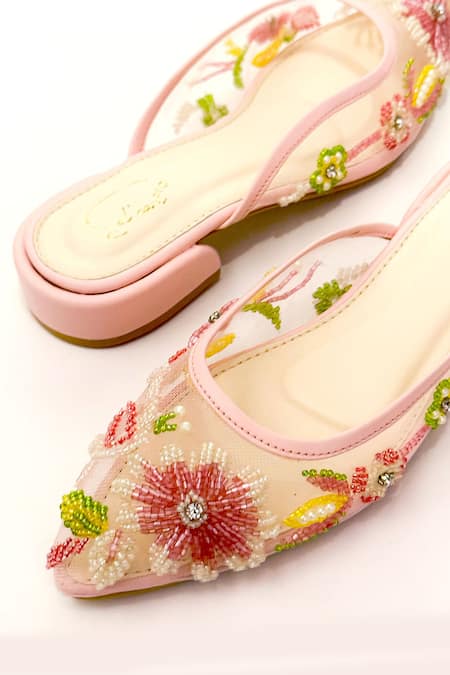 Buy Soleart Pink Chantilly Floral Embroidered Flat Mules Online at Aza Fashions Buy_Soleart_Pink Chantilly Floral Embroidered Flat Mules _Online_at_Aza_Fashions