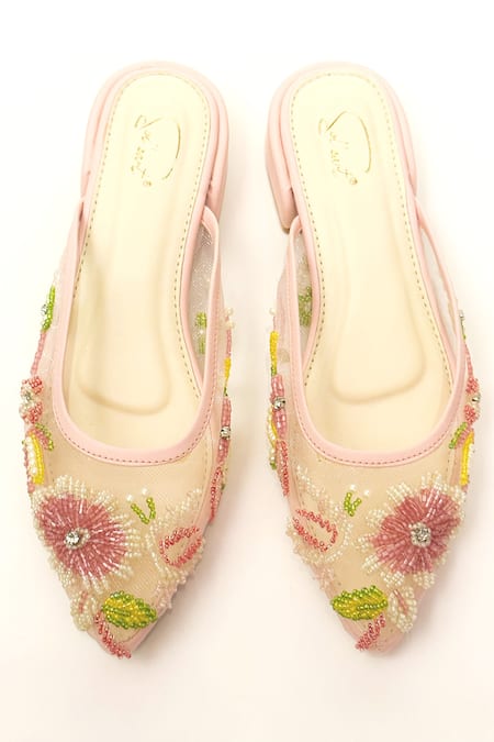 Shop Soleart Pink Chantilly Floral Embroidered Flat Mules at Aza Fashions Shop_Soleart_Pink Chantilly Floral Embroidered Flat Mules _at_Aza_Fashions