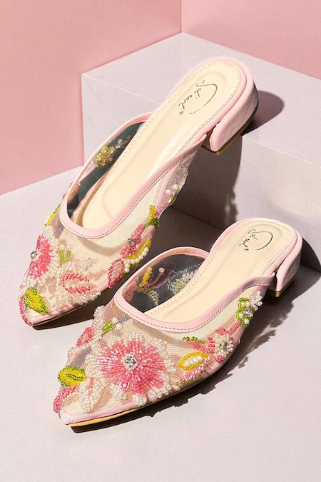 Buy Soleart Pink Chantilly Floral Embroidered Flat Mules at Aza Fashions Buy_Soleart_Pink Chantilly Floral Embroidered Flat Mules _at_Aza_Fashions