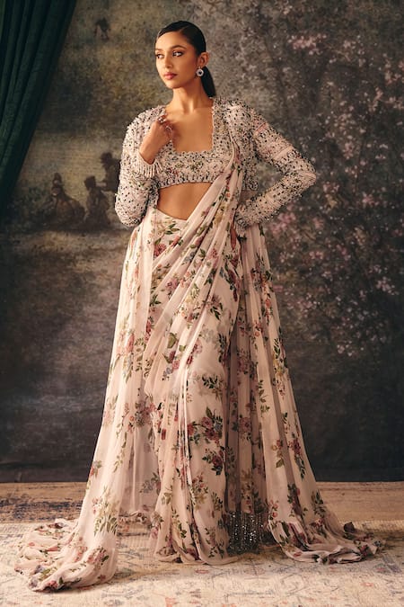Mani Bhatia Elixia Printed Pre-Draped Saree Set With Embroidered Jacket 