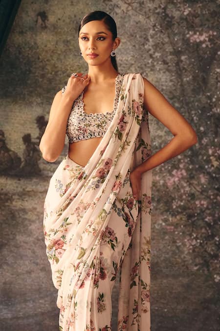 Mani Bhatia Ivory Satin, Chiffon Zari Elysia Printed Pre-draped Saree With Jacket Online at Aza Fashions Mani Bhatia_Ivory Satin, Chiffon Zari Elysia Printed Pre-draped Saree With Jacket _Online_at_Aza_Fashions
