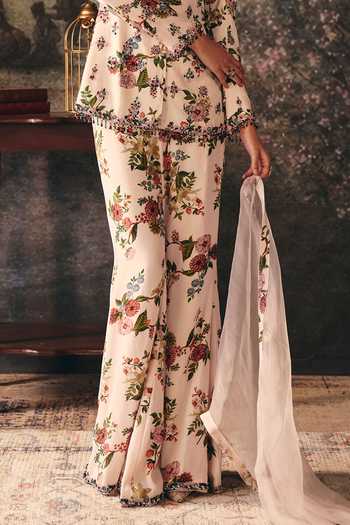 Mani Bhatia_Ivory Crepe, Satin Embroidery V-neck Arabella Floral Print Jacket And Palazzo Set _Online_at_Aza_Fashions