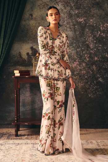 Buy_Mani Bhatia_Ivory Crepe, Satin Embroidery V-neck Arabella Floral Print Jacket And Palazzo Set _Online_at_Aza_Fashions