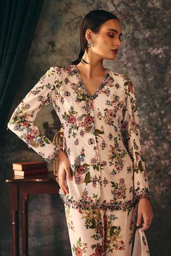 Shop_Mani Bhatia_Ivory Crepe, Satin Embroidery V-neck Arabella Floral Print Jacket And Palazzo Set _Online_at_Aza_Fashions