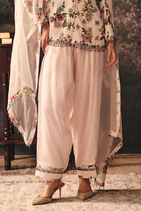 Mani Bhatia_Ivory Organza, Crepe, Satin Embroidery Nyra Floral Print Jacket Set _Online_at_Aza_Fashions