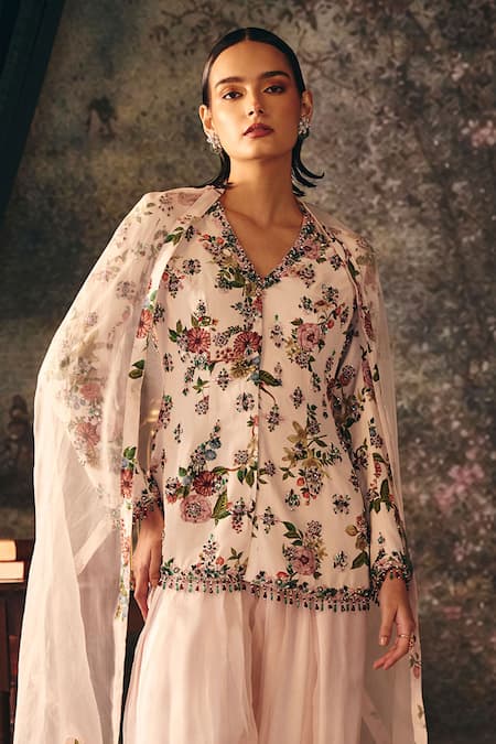 Buy_Mani Bhatia_Ivory Organza, Crepe, Satin Embroidery Nyra Floral Print Jacket Set _Online_at_Aza_Fashions