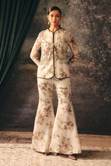 Mani Bhatia_Ivory Organza, Satin Sequins, Beads, Stones, Ida Floral Print Jacket Sharara Set _Online_at_Aza_Fashions