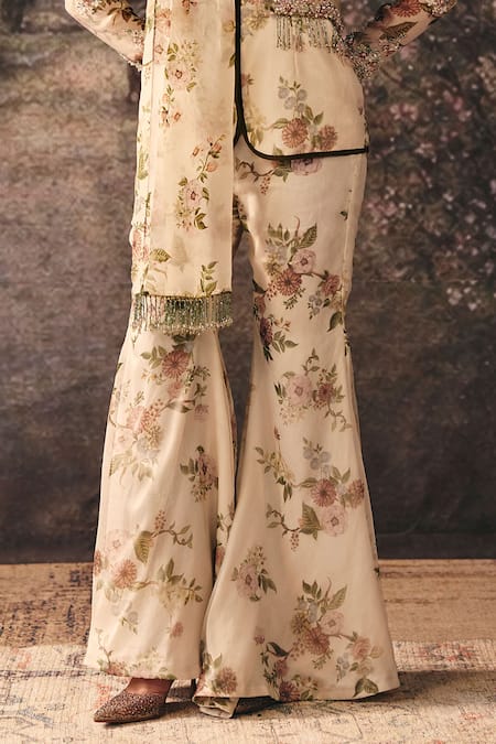 Buy_Mani Bhatia_Ivory Organza, Satin Sequins, Beads, Stones, Ida Floral Print Jacket Sharara Set _Online_at_Aza_Fashions