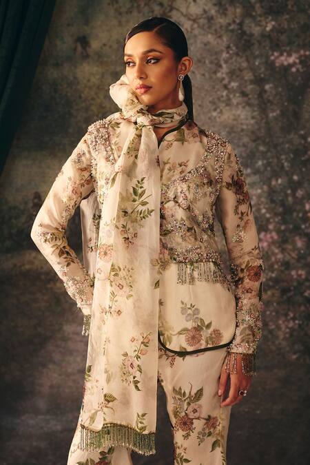 Shop_Mani Bhatia_Ivory Organza, Satin Sequins, Beads, Stones, Ida Floral Print Jacket Sharara Set _Online_at_Aza_Fashions