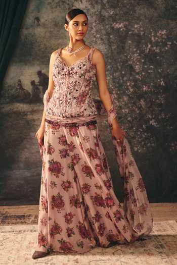 Shop Mani Bhatia Pink Satin, Chiffon Embroidery, Beads, Sequins Fia Corset Sharara Set Online at Aza Fashions Shop_Mani Bhatia_Pink Satin, Chiffon Embroidery, Beads, Sequins Fia Corset Sharara Set _Online_at_Aza_Fashions