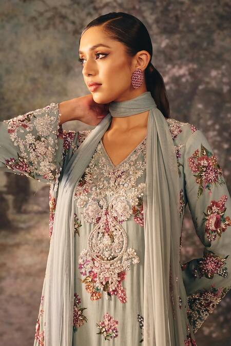 Mani Bhatia_Blue Satin, Net, Chiffon Embroidery, Sequins, Victoria Printed Kurta Sharara Set _Online_at_Aza_Fashions