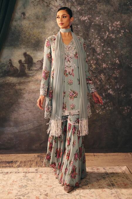 Shop_Mani Bhatia_Blue Satin, Net, Chiffon Embroidery, Sequins, Victoria Printed Kurta Sharara Set _Online_at_Aza_Fashions