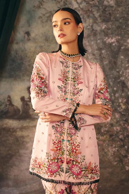 Shop_Mani Bhatia_Pink Satin, Net Embroidery Silvara Printed Jacket Palazzo Set _Online_at_Aza_Fashions