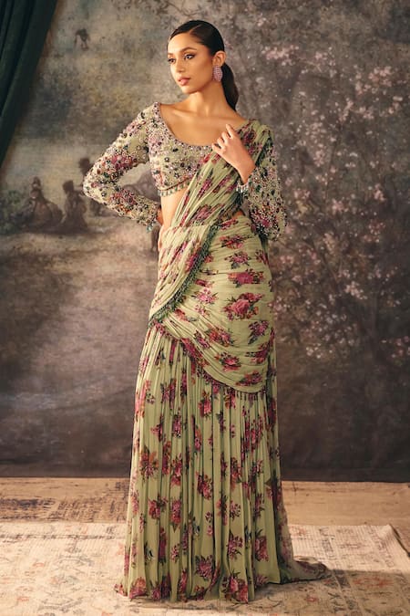 Mani Bhatia Marbelle Floral Print Pre-Draped Saree With Blouse 