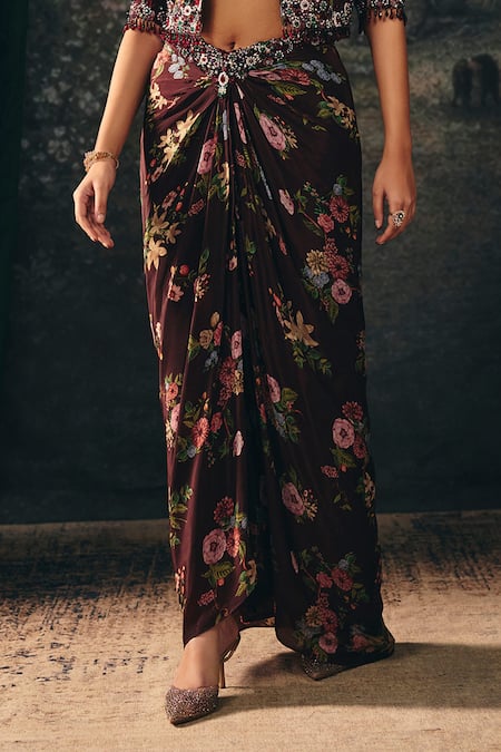 Mani Bhatia_Maroon Crepe Embroidery, Sequins, Beads Ophelia Floral Print Jacket Set _at_Aza_Fashions