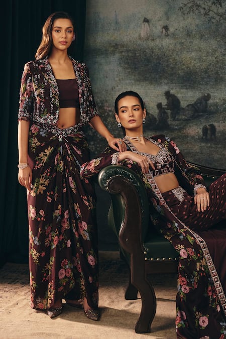 Buy_Mani Bhatia_Maroon Crepe Embroidery, Sequins, Beads Ophelia Floral Print Jacket Set 
