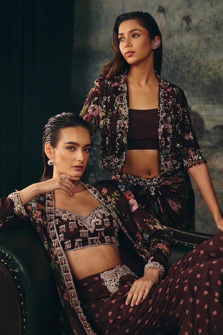 Shop_Mani Bhatia_Maroon Crepe Embroidery, Sequins, Beads Ophelia Floral Print Jacket Set 