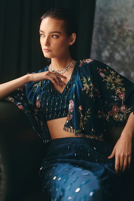 Buy_Mani Bhatia_Green Crepe, Satin Elysia Printed Cape Gharara Set _Online_at_Aza_Fashions