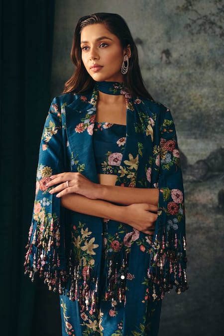 Mani Bhatia_Green Silk, Satin, Dupion Tassels Selene Floral Print Blazer Set _Online_at_Aza_Fashions