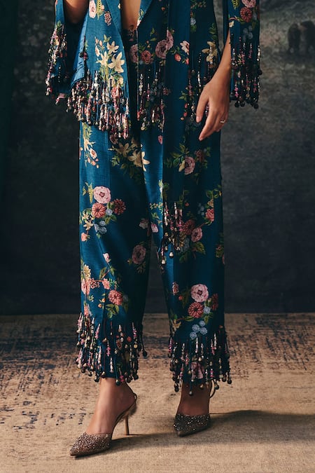 Buy_Mani Bhatia_Green Silk, Satin, Dupion Tassels Selene Floral Print Blazer Set _Online_at_Aza_Fashions