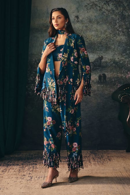 Shop_Mani Bhatia_Green Silk, Satin, Dupion Tassels Selene Floral Print Blazer Set _Online_at_Aza_Fashions