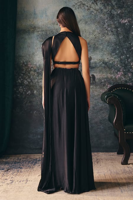 Mani Bhatia_Black Silk, Georgette, Dupion, Satin Anneliese Pre-draped Saree Set With Jacket _Online_at_Aza_Fashions