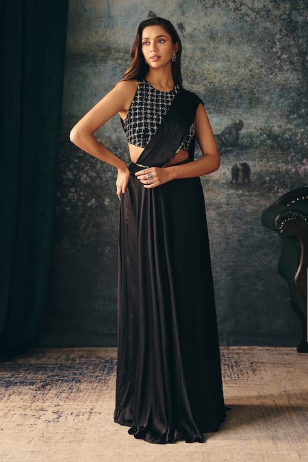 Buy_Mani Bhatia_Black Silk, Georgette, Dupion, Satin Anneliese Pre-draped Saree Set With Jacket _Online_at_Aza_Fashions