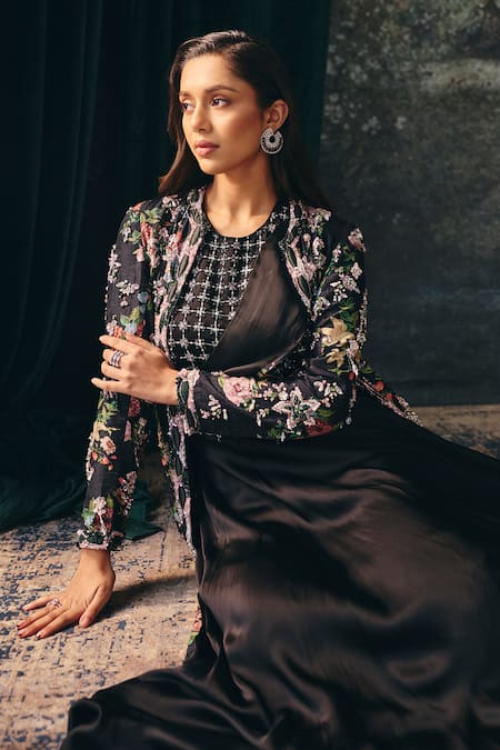 Mani Bhatia_Black Silk, Georgette, Dupion, Satin Anneliese Pre-draped Saree Set With Jacket _at_Aza_Fashions