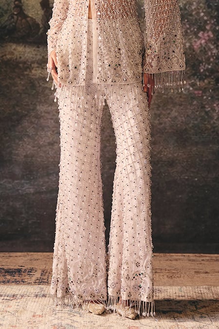 Mani Bhatia_Ivory Net, Chiffon, Satin Embroidery, Sequins, Eira Floral Jacket Sharara Set _Online_at_Aza_Fashions