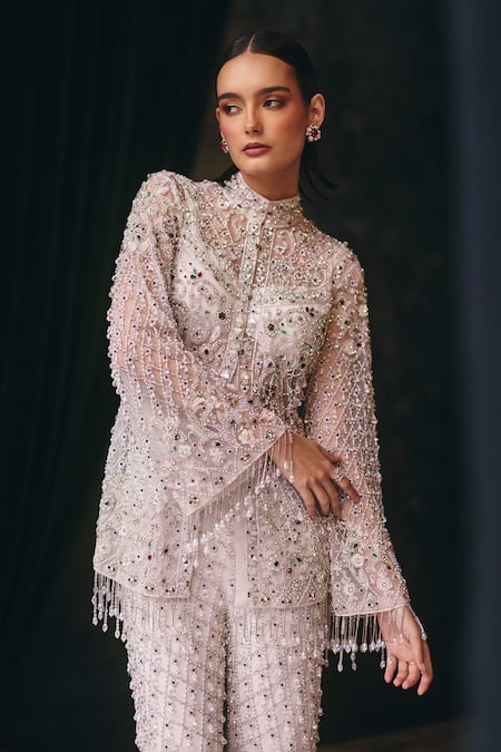 Buy_Mani Bhatia_Ivory Net, Chiffon, Satin Embroidery, Sequins, Eira Floral Jacket Sharara Set _Online_at_Aza_Fashions