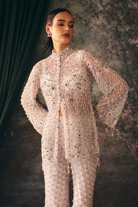 Shop_Mani Bhatia_Ivory Net, Chiffon, Satin Embroidery, Sequins, Eira Floral Jacket Sharara Set 