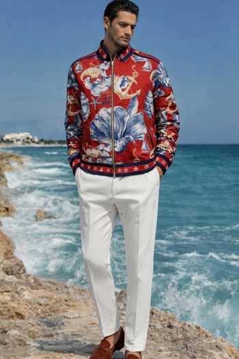 Shop_MR. Ajay Kumar_Multi Color Polyester Oceanic Print Bomber Jacket _Online_at_Aza_Fashions