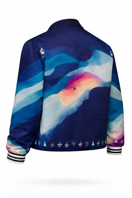 MR. Ajay Kumar Blue Cotton Satin, Lycra Seafarer Print Double Breasted Blazer Online at Aza Fashions MR. Ajay Kumar_Blue Cotton Satin, Lycra Seafarer Print Double Breasted Blazer _Online_at_Aza_Fashions