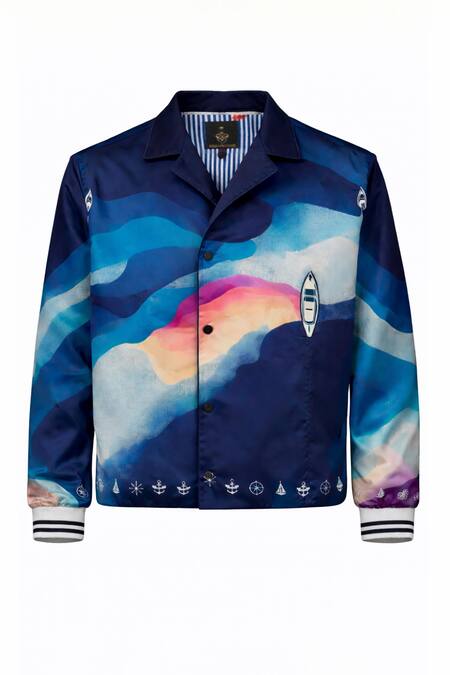 Shop MR. Ajay Kumar Blue Cotton Satin, Lycra Seafarer Print Double Breasted Blazer Online at Aza Fashions Shop_MR. Ajay Kumar_Blue Cotton Satin, Lycra Seafarer Print Double Breasted Blazer _Online_at_Aza_Fashions