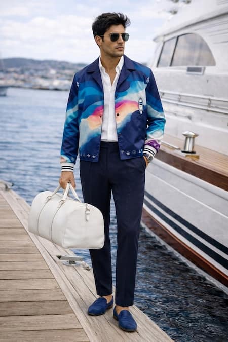 Buy MR. Ajay Kumar Blue Cotton Satin, Lycra Seafarer Print Double Breasted Blazer Buy_MR. Ajay Kumar_Blue Cotton Satin, Lycra Seafarer Print Double Breasted Blazer