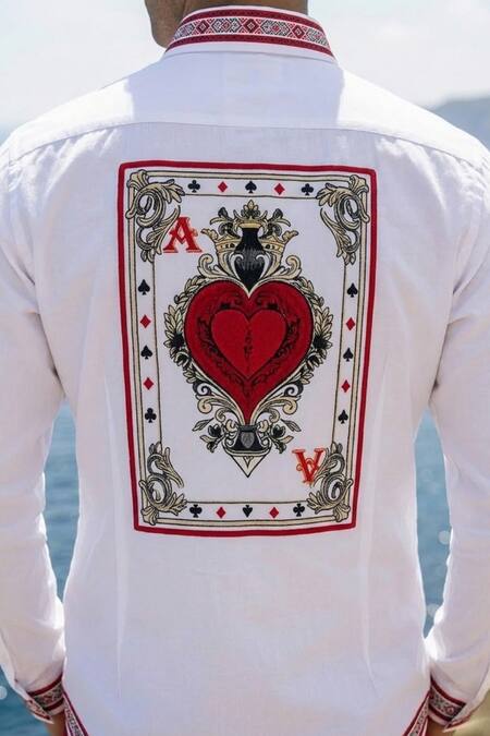 MR. Ajay Kumar White Cotton Taash Placement Print Shirt Online at Aza Fashions MR. Ajay Kumar_White Cotton Taash Placement Print Shirt _Online_at_Aza_Fashions