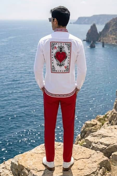 Shop MR. Ajay Kumar White Cotton Taash Placement Print Shirt at Aza Fashions Shop_MR. Ajay Kumar_White Cotton Taash Placement Print Shirt _at_Aza_Fashions