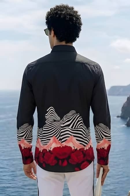 Shop MR. Ajay Kumar Black Cotton Wave Print Shirt at Aza Fashions Shop_MR. Ajay Kumar_Black Cotton Wave Print Shirt _at_Aza_Fashions