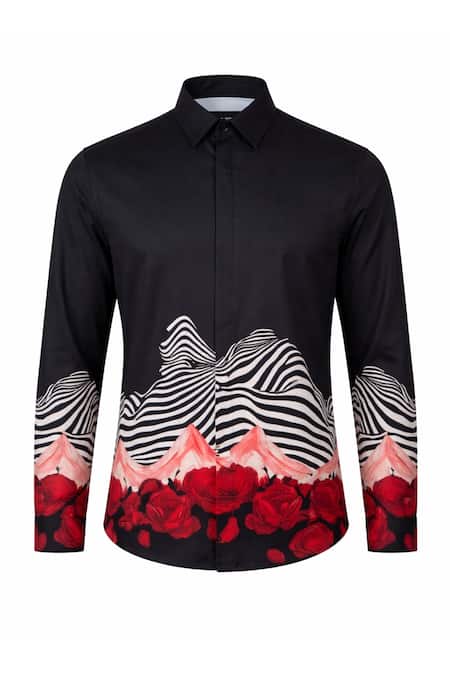 MR. Ajay Kumar Black Cotton Wave Print Shirt Online at Aza Fashions MR. Ajay Kumar_Black Cotton Wave Print Shirt _Online_at_Aza_Fashions